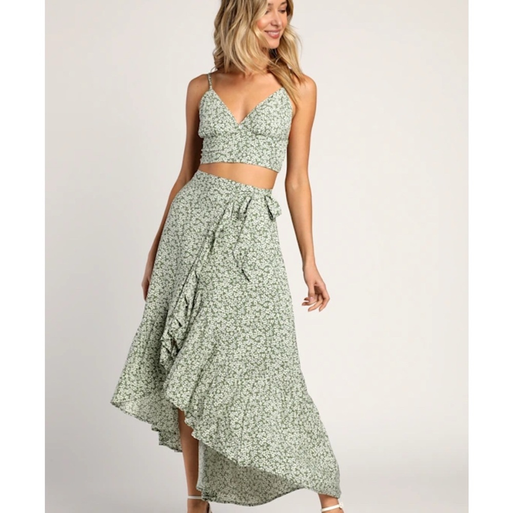 Lulu's Sage Floral High-Low Skirt & Top set